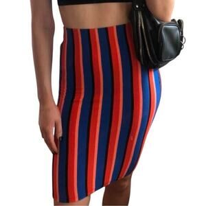Bershka Women’s Size M Red Blue Black Striped Knit Pencil Straight Skirt